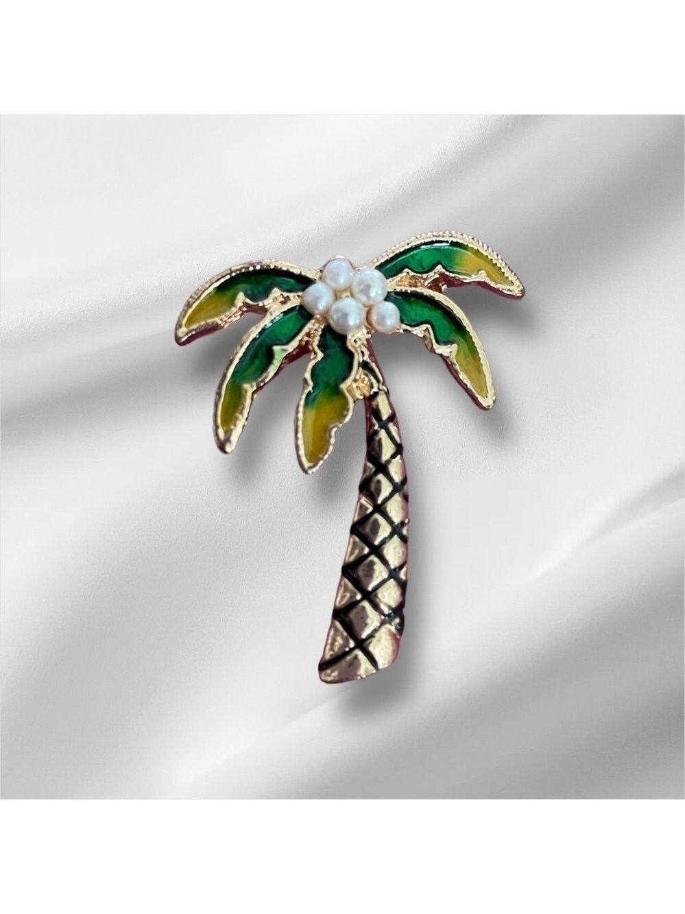 Vintage Brooch Palm Tree, Green Enamel with Pearl Coconuts, Beach